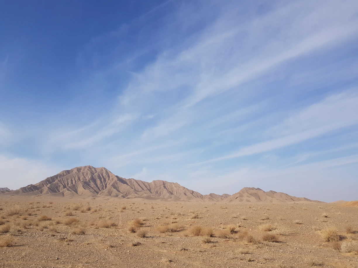 a desert landscape with a mountain in the distance