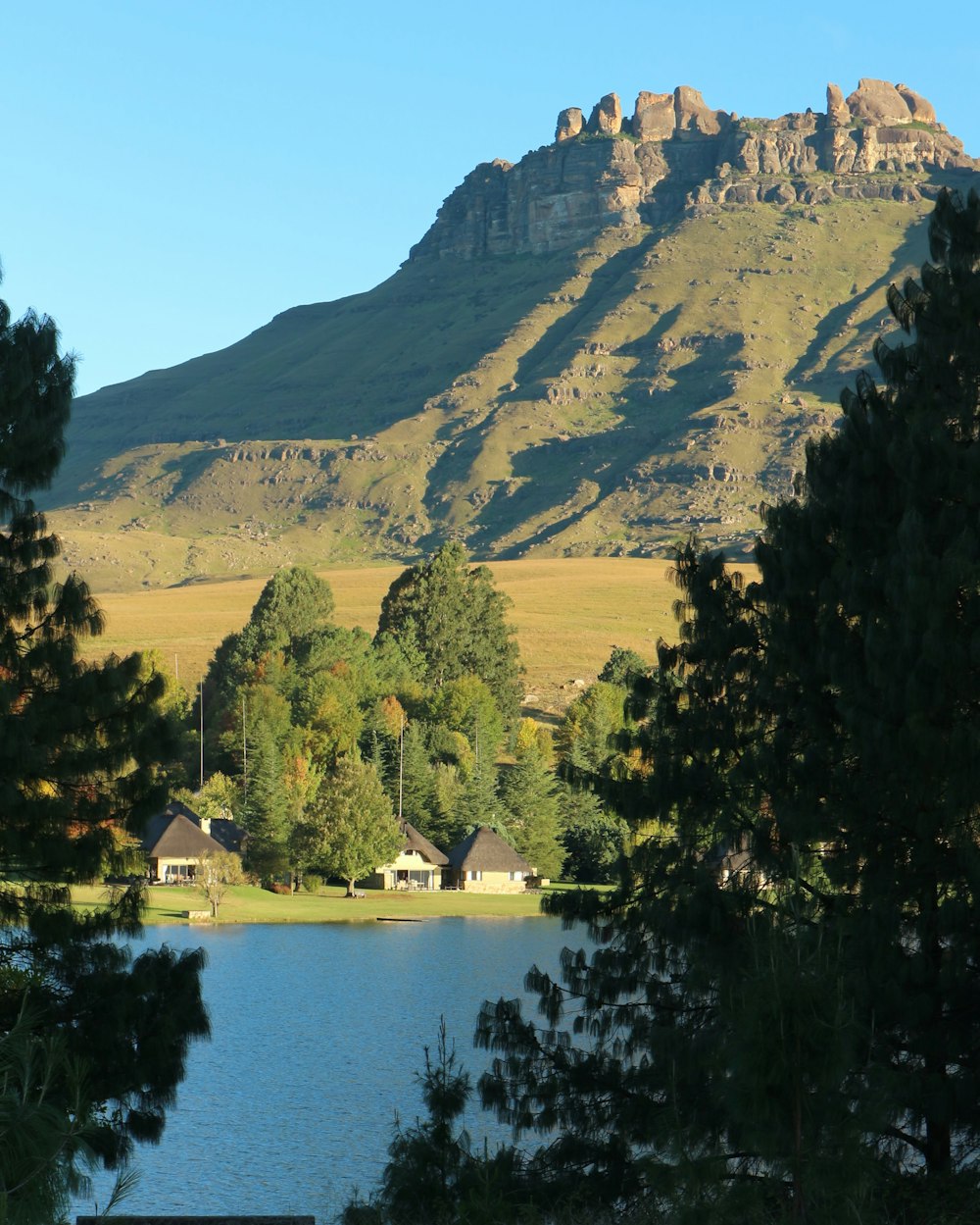 a lake surrounded by trees with a mountain in the background