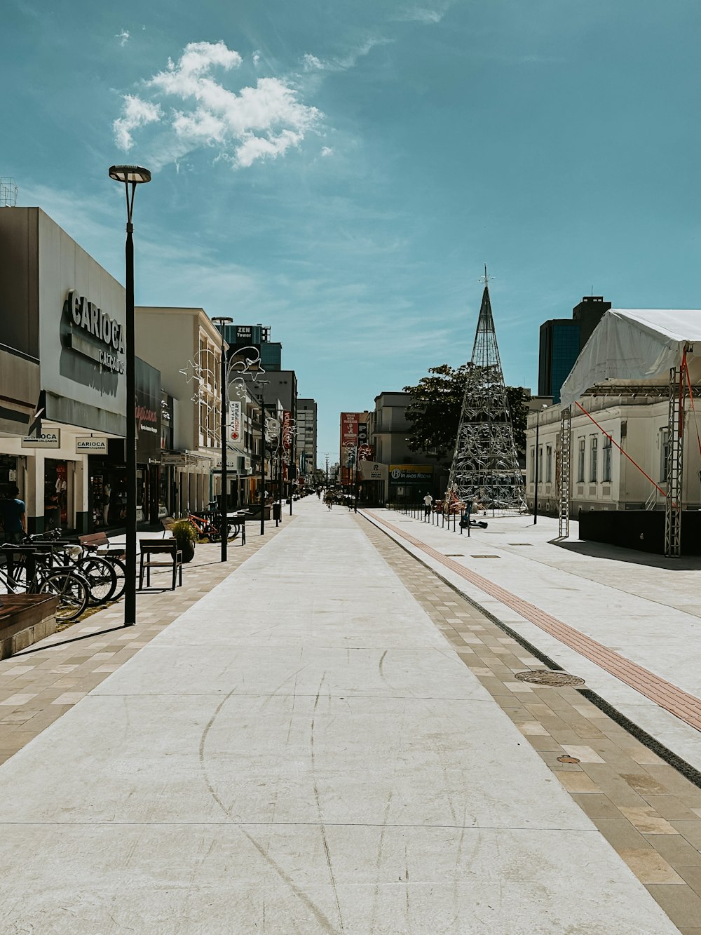 a city street lined with shops and buildings