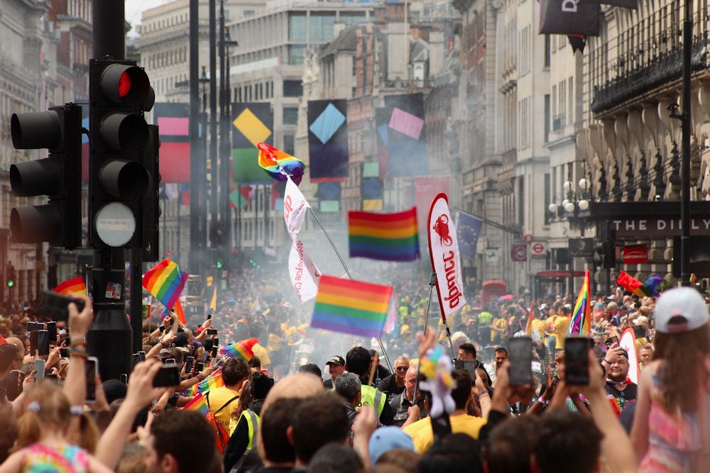 a large group of people holding rainbow flags