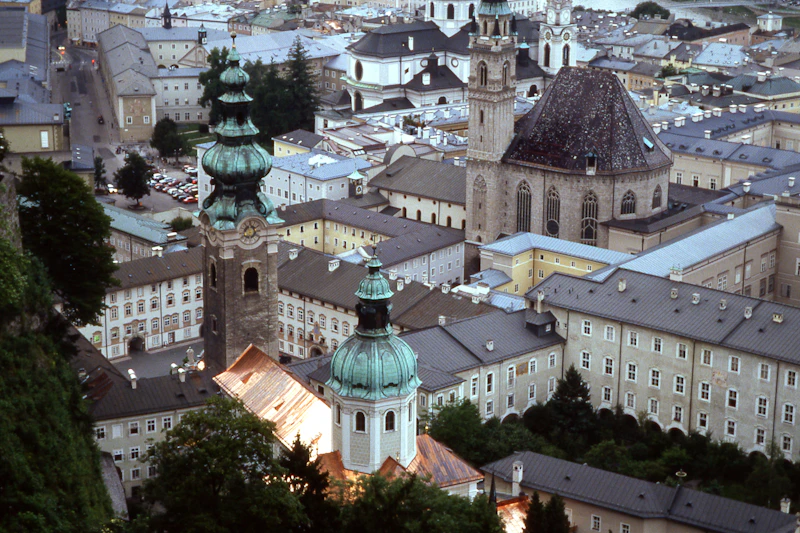 Twilight light on Salzburg's copper rooftops above the Old Town