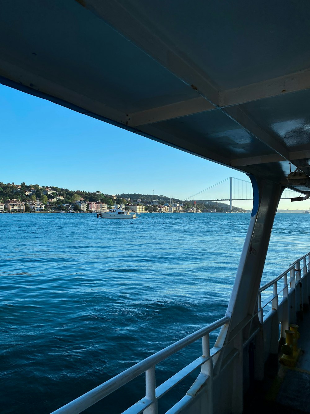 a large body of water with a bridge in the background