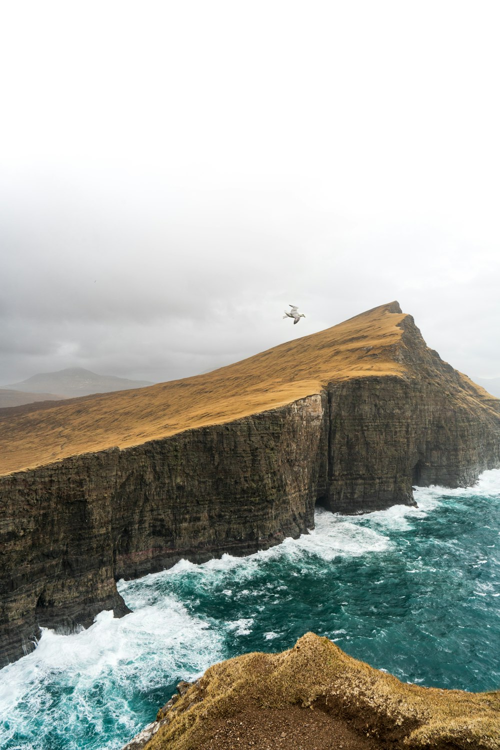 a bird flying over the ocean next to a cliff