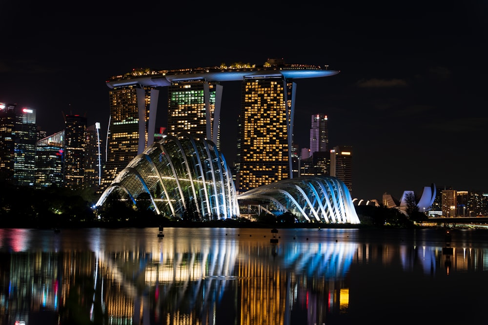 a city skyline is lit up at night