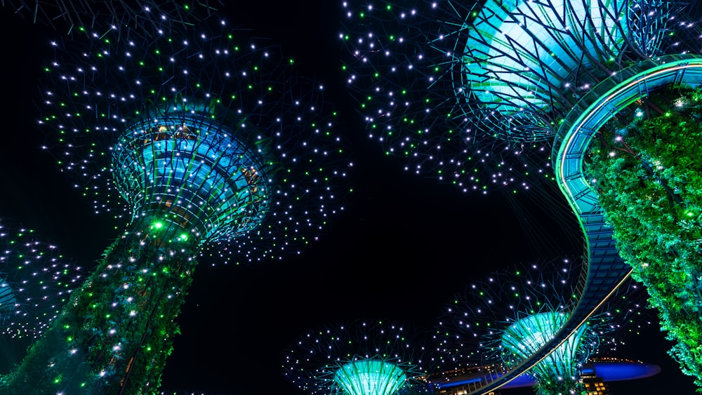 a view of the gardens by the bay at night