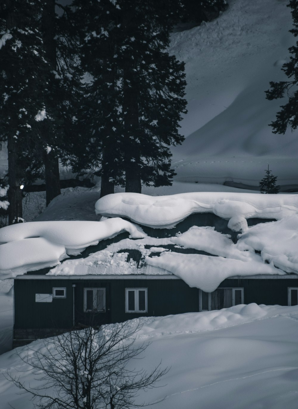 a black and white photo of a house covered in snow