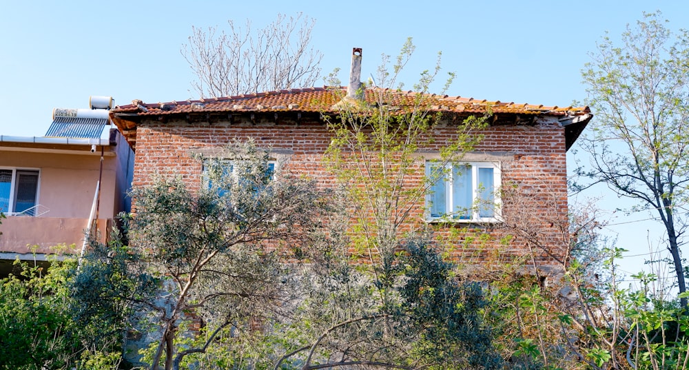 a brick building with a small tree in front of it