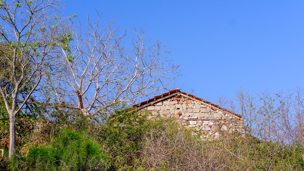 a stone building surrounded by trees and bushes