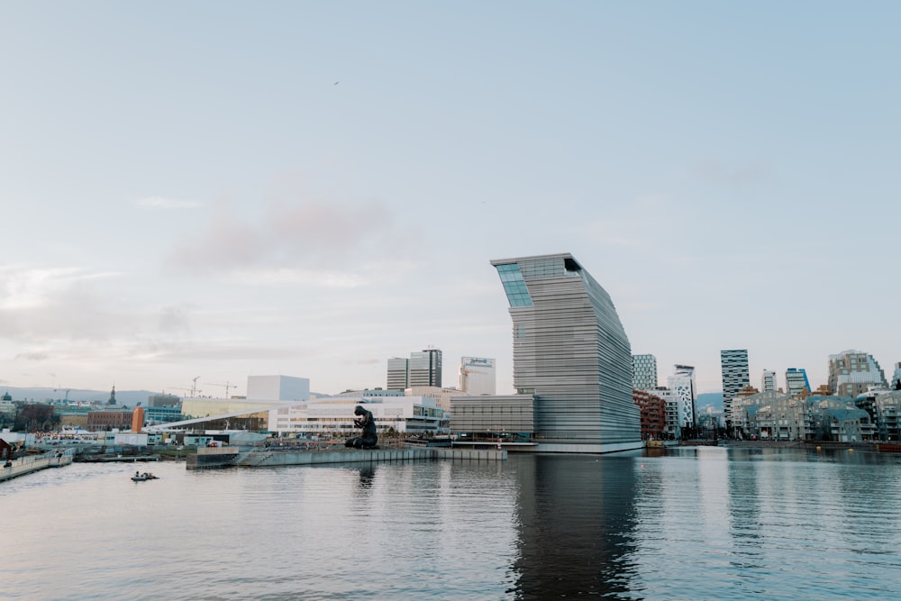 a large body of water with buildings in the background