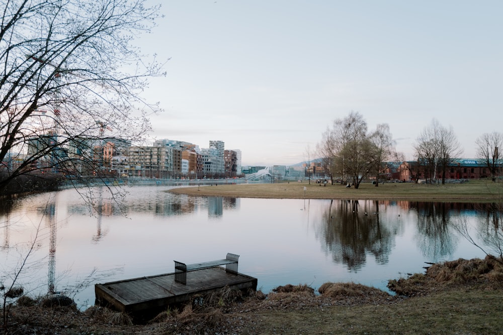 a body of water surrounded by trees and buildings