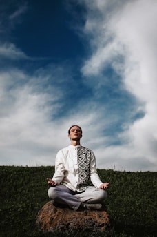 a man sitting on top of a rock in a field