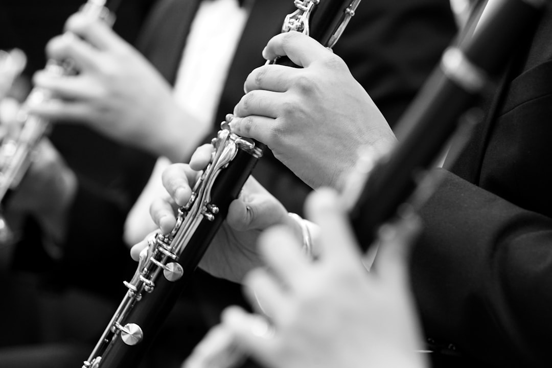 a group of people playing musical instruments together, Clarinet players in wind symphony.