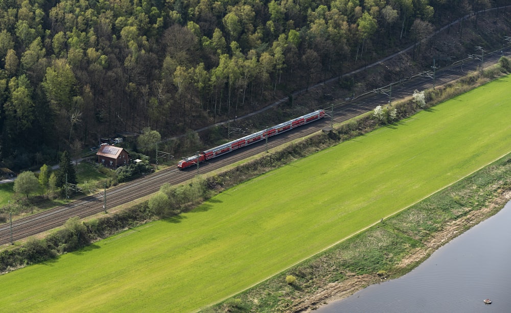 a train traveling down tracks next to a lush green forest