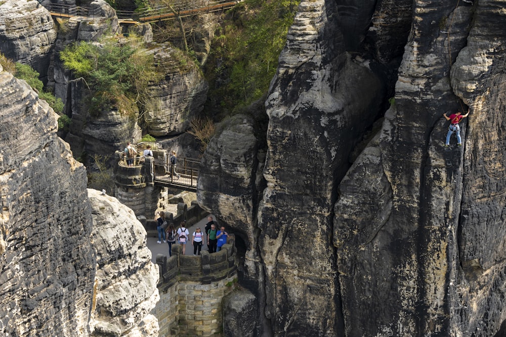 a group of people standing on top of a cliff