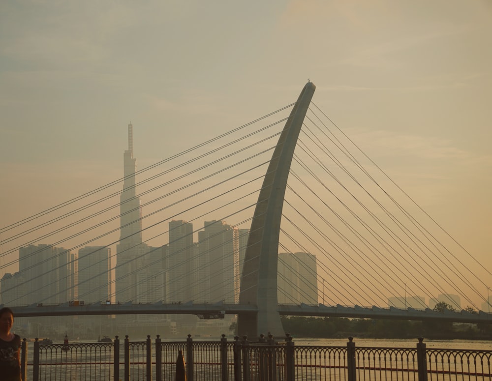 a person standing on a bridge with a city in the background