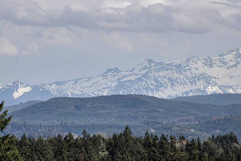 a mountain range with snow capped mountains in the distance