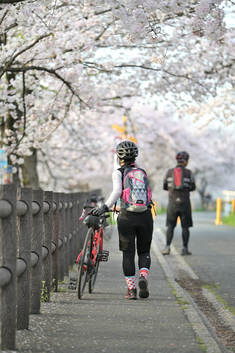 a person walking a bike down a sidewalk