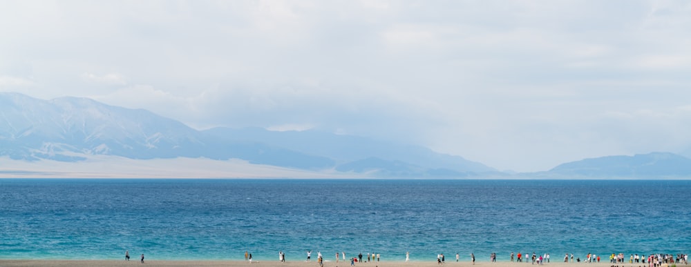 a group of people standing on a beach next to the ocean