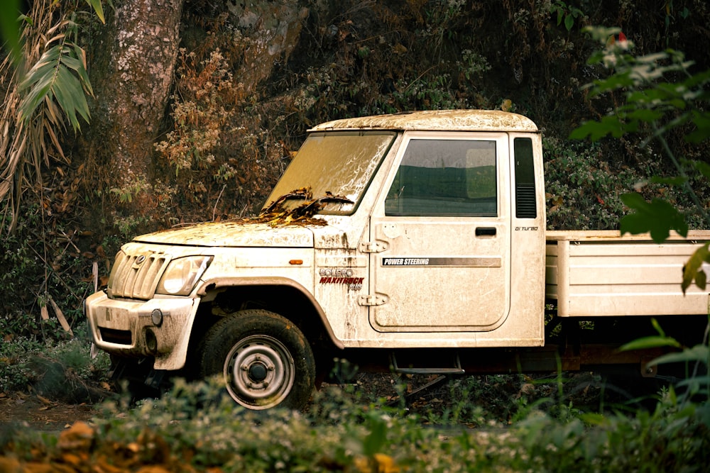 a white truck is parked in the woods