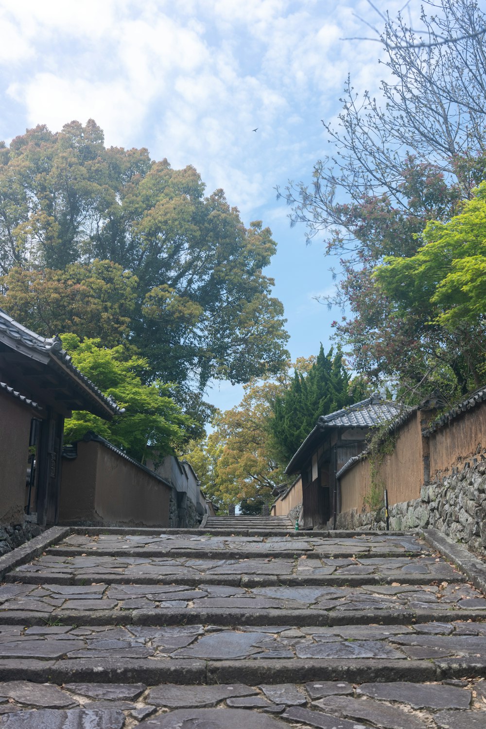 a stone walkway with steps leading up to a building