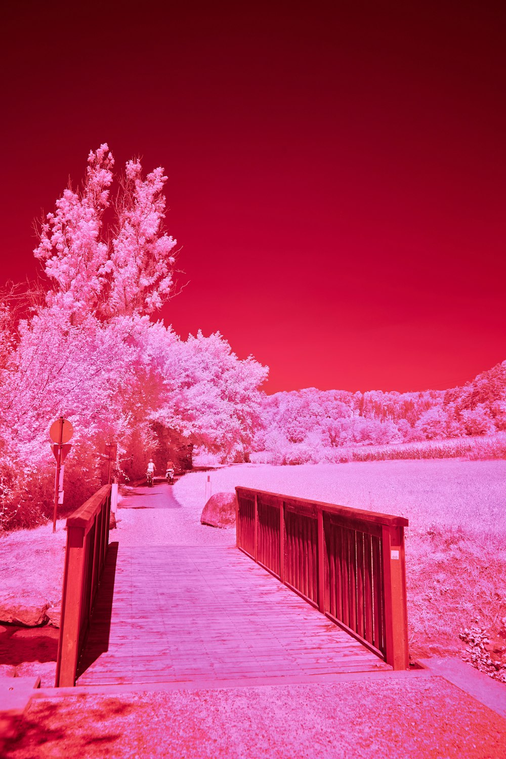 a red and pink infrared image of a bridge