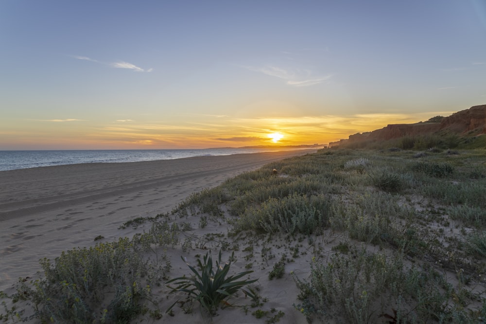 the sun is setting over the beach and the water