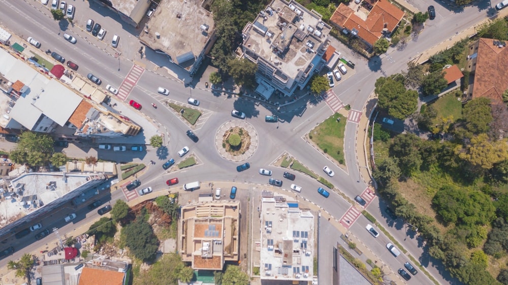 an aerial view of a street intersection in a city