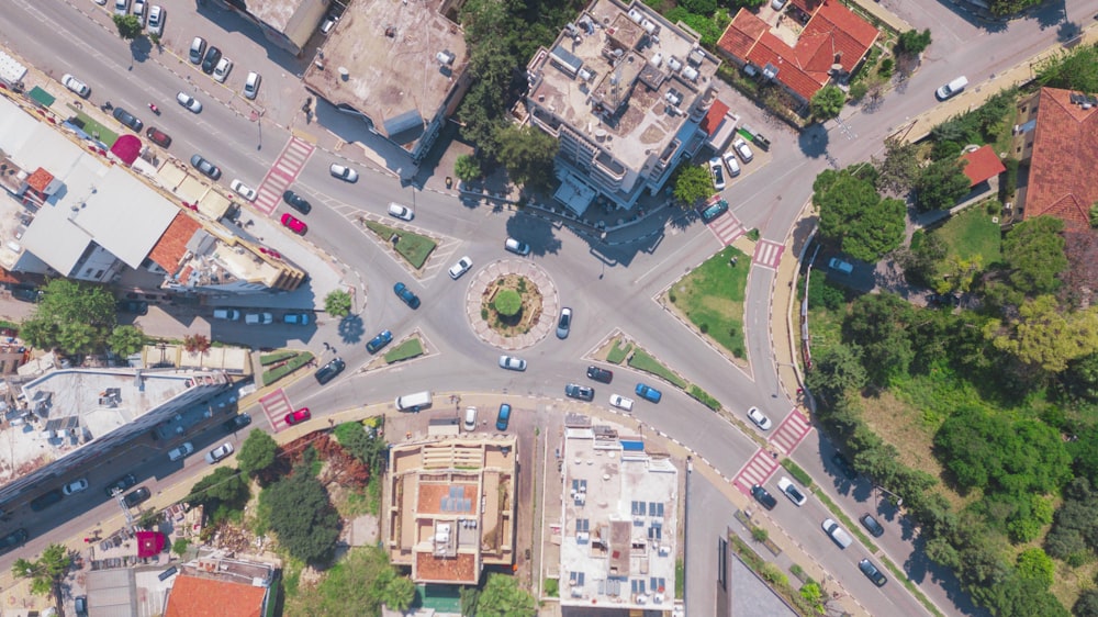 an aerial view of a street intersection in a city