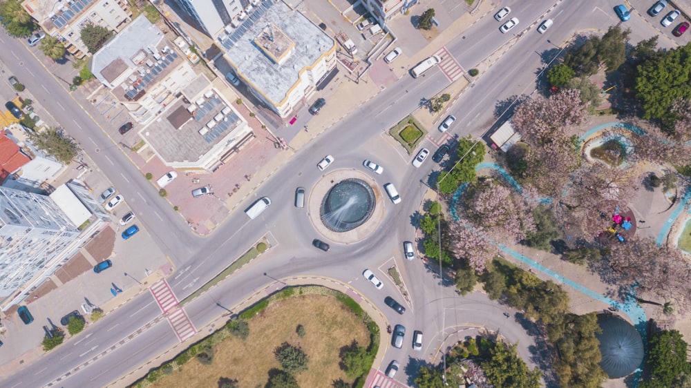 an aerial view of a street intersection in a city