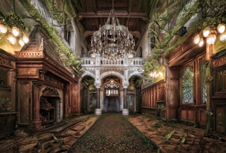 a large room with a chandelier hanging from the ceiling