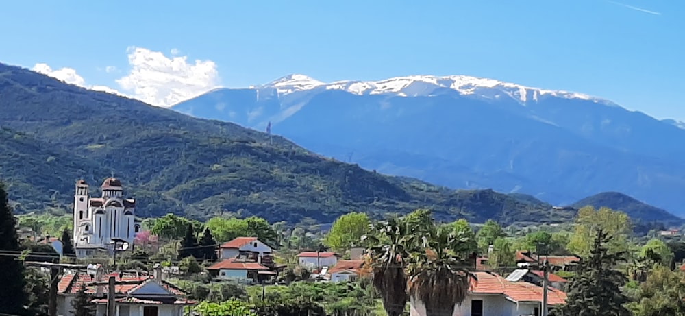 a view of a town with mountains in the background