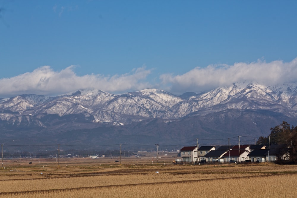 a field with houses and mountains in the background