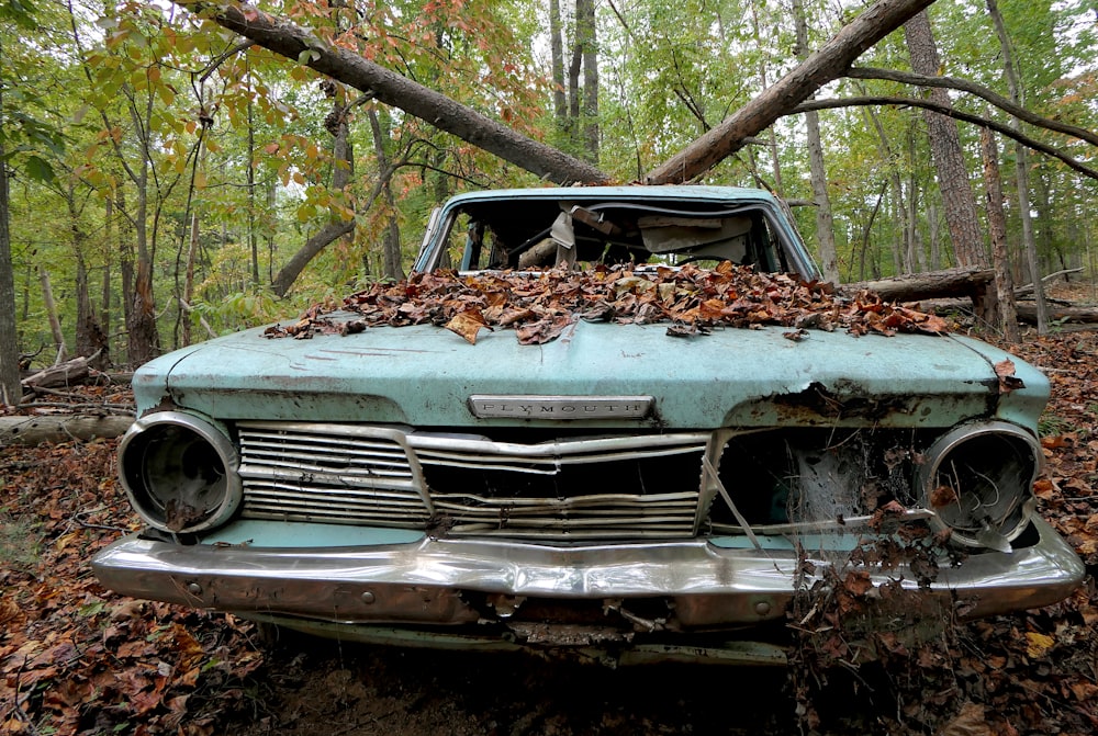 Um carro velho está coberto de folhas na floresta