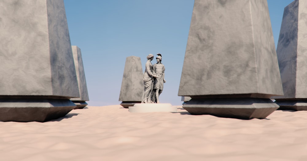 uma estátua de um homem e uma mulher em um deserto