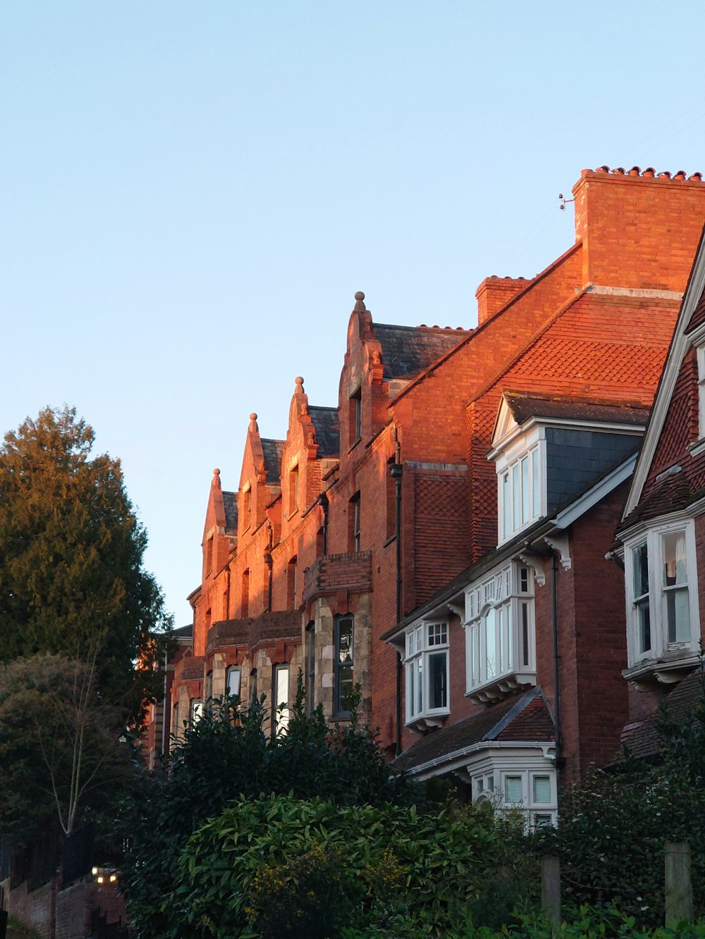 a row of red brick houses next to trees