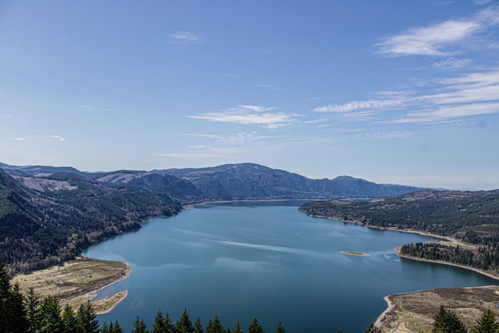 a view of a lake surrounded by mountains