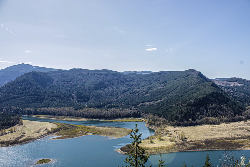 a lake surrounded by mountains and trees on a sunny day