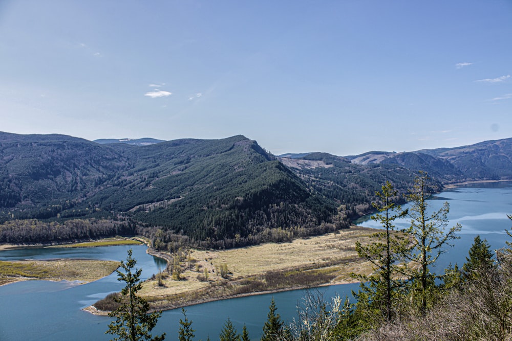 a scenic view of a lake surrounded by mountains