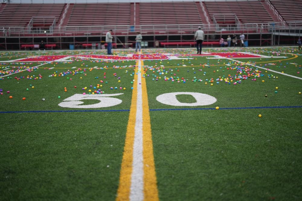 a football field with confetti on it