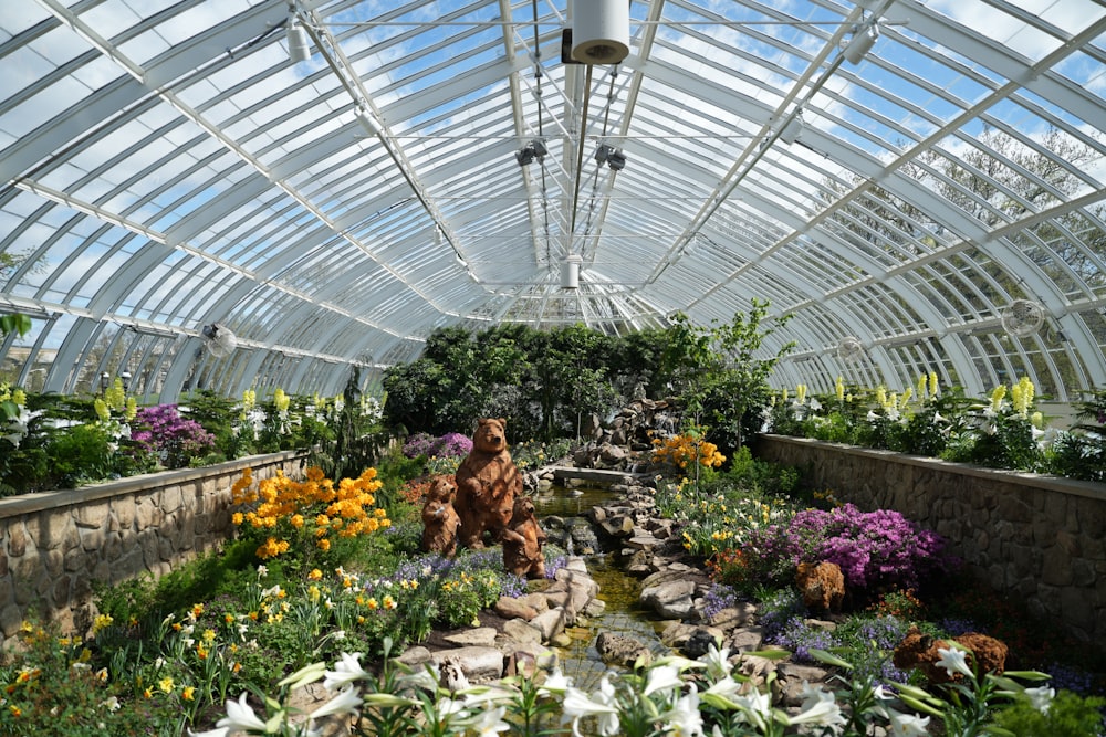 a woman and her dog in a greenhouse