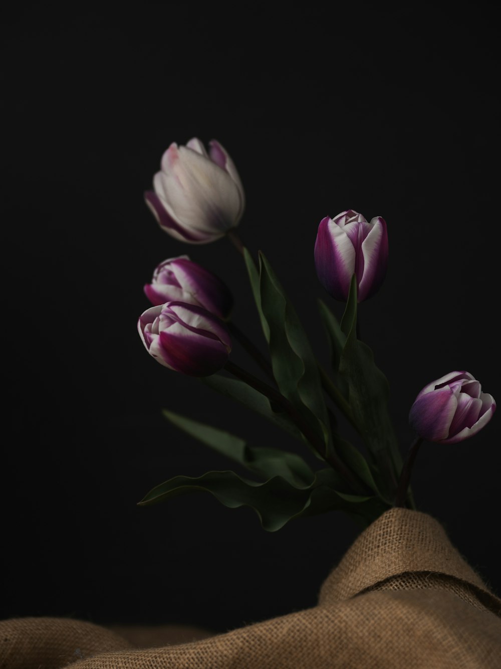 a bouquet of tulips sitting on top of a burlock