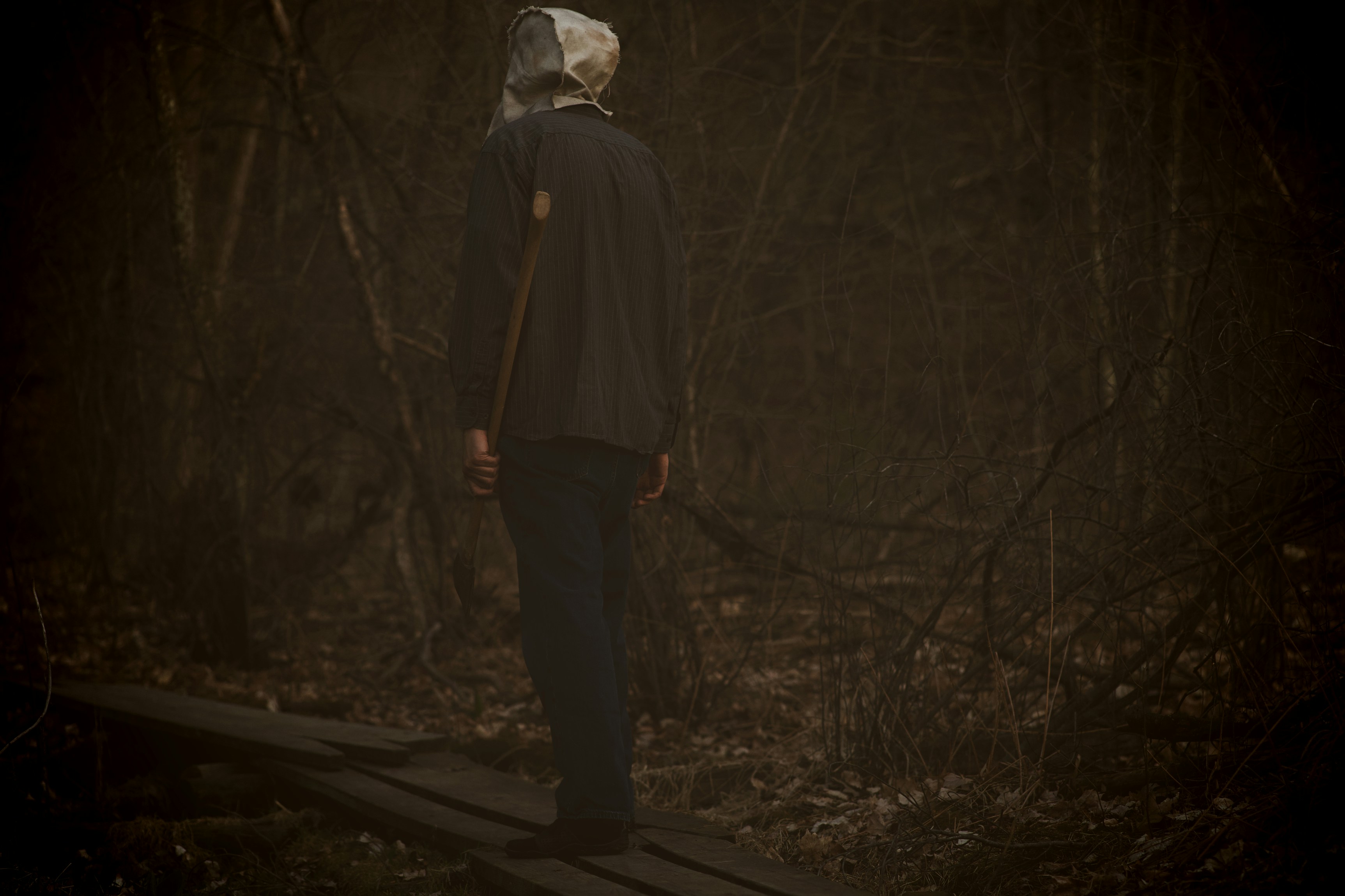 eine Person, die auf einer Holzplattform im Wald steht