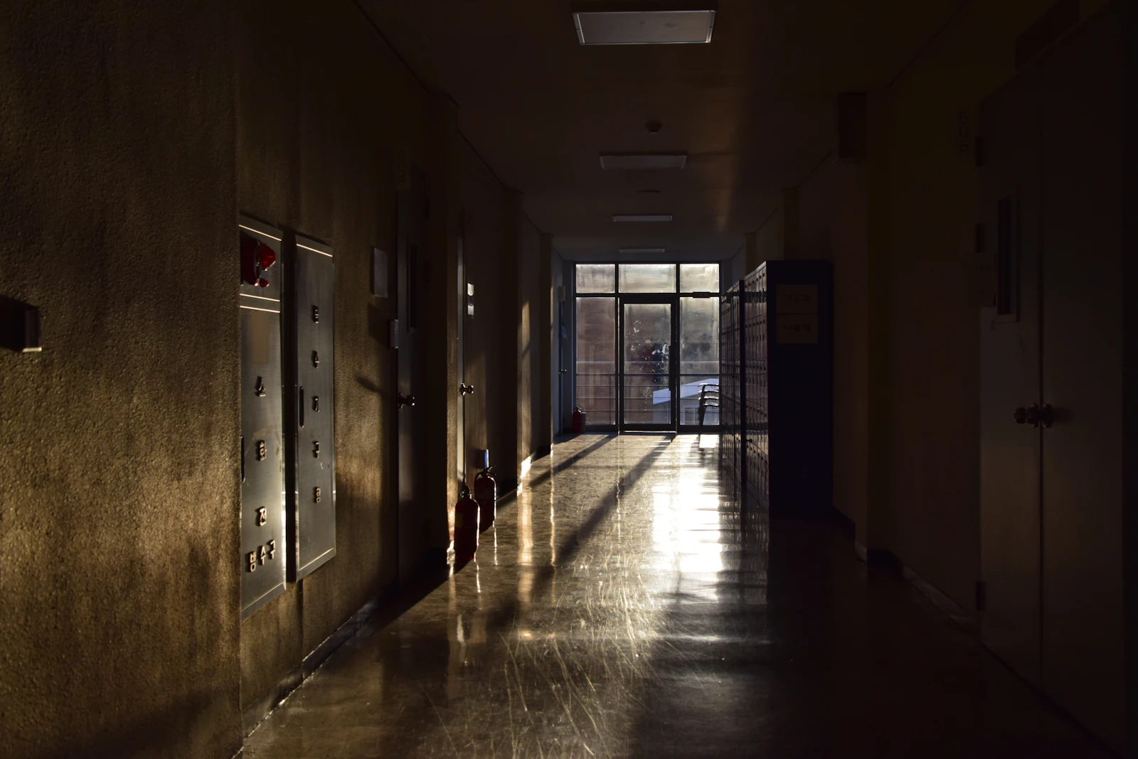 Warm sunset light flooding through a school hallway
