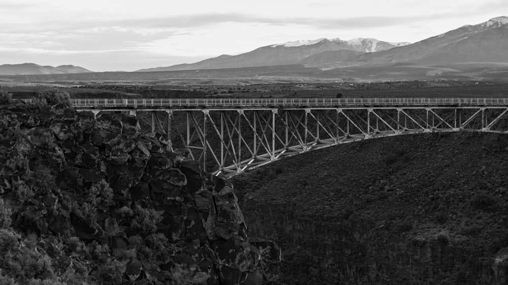 a black and white photo of a bridge over a canyon