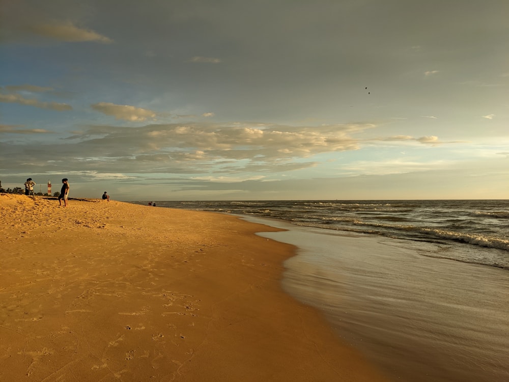 a group of people standing on top of a sandy beach