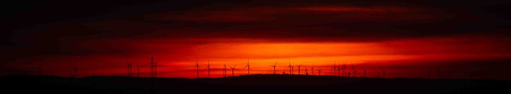 a red sky with many wind mills in the distance