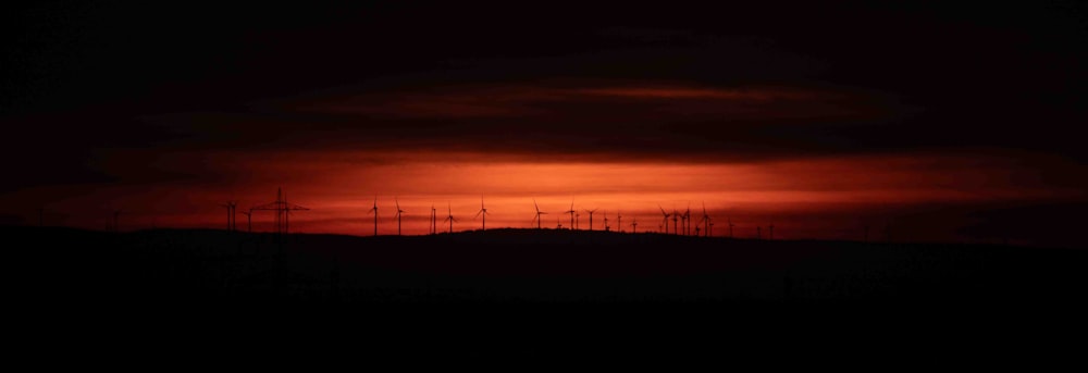 the sun is setting over a field with many windmills