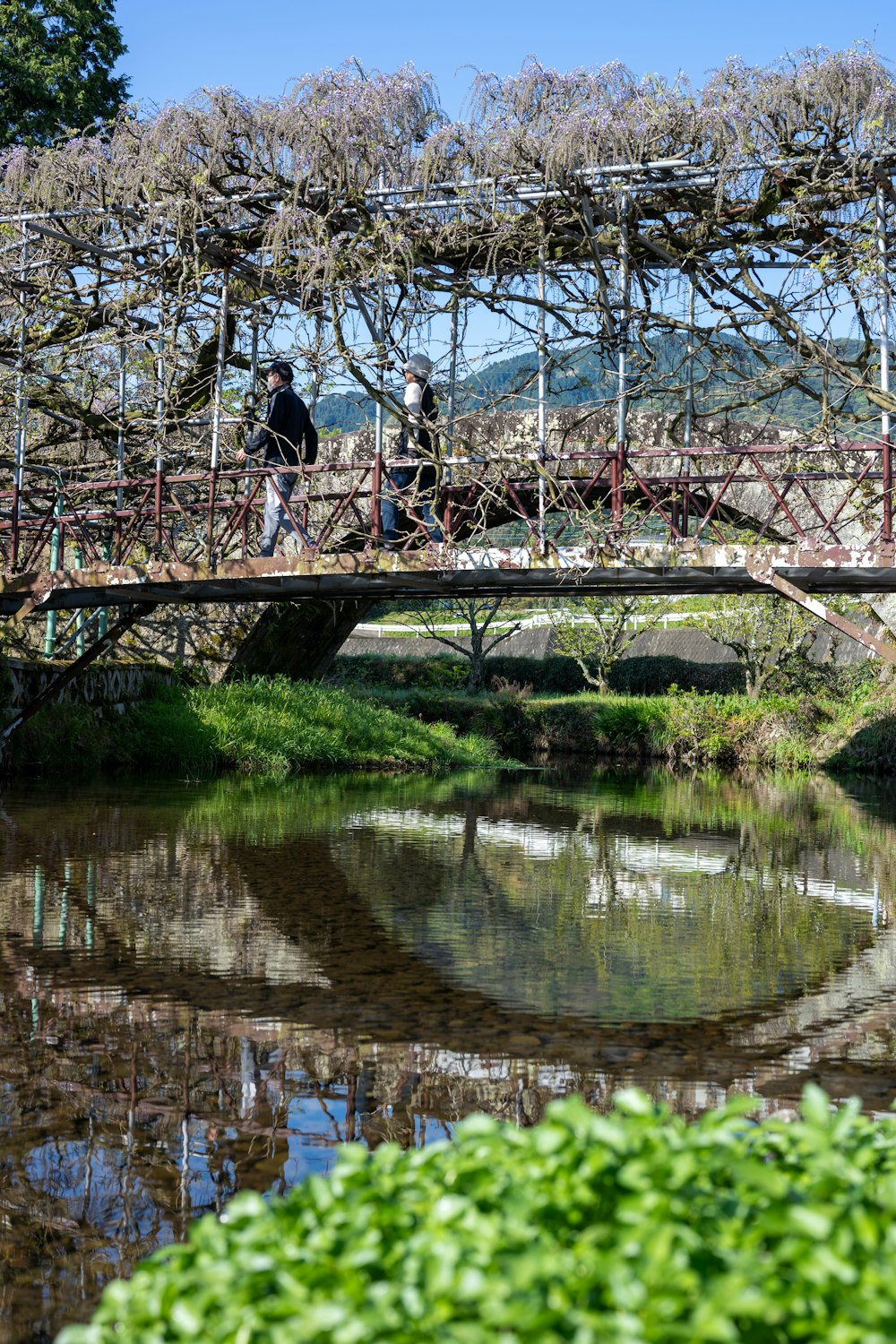 two people walking across a bridge over a river