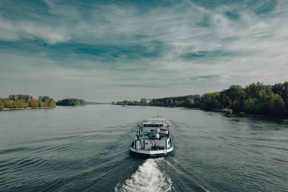 un bateau descendant une rivière à côté d’une forêt