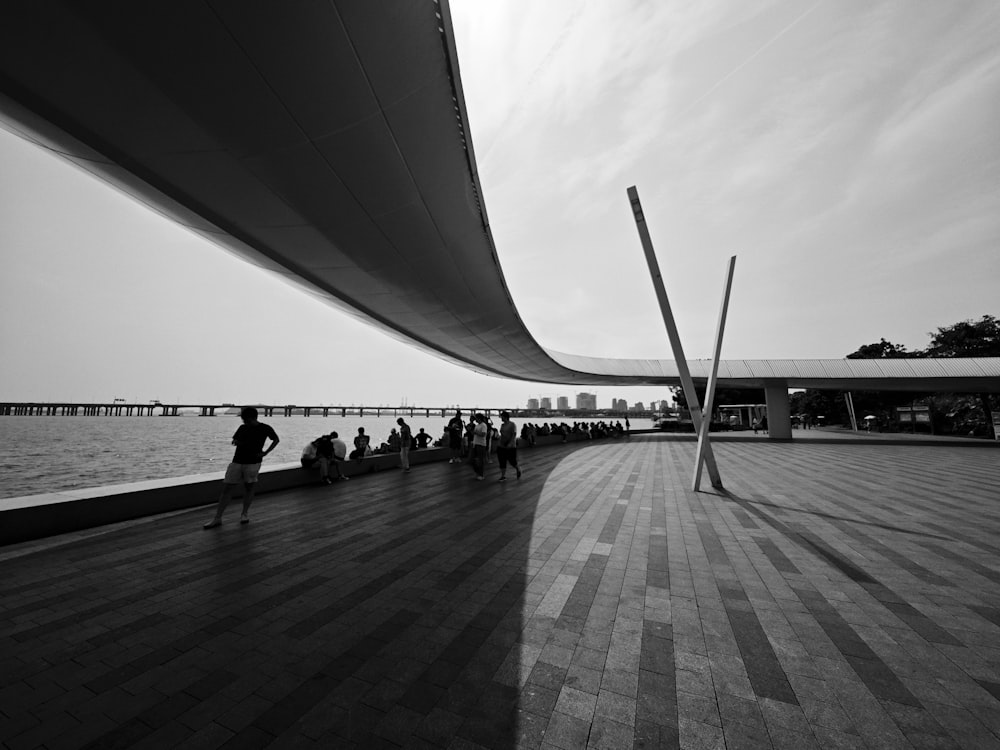 a black and white photo of people on a boardwalk